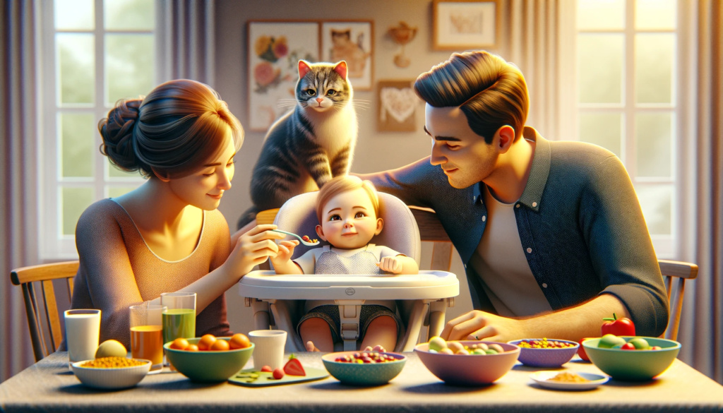 DALL·E 2024-01-27 15.50.42 - A realistic and heartwarming horizontal image suitable for an 'About Us' section, showing a full family scene with a mom, dad, and a cat trying to fee