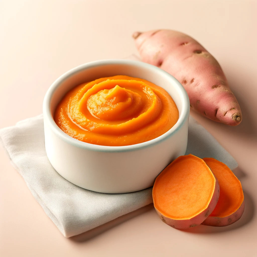 A-bowl-of-pureed-sweet-potatoes-for-babies-on-a-soft-pastel-background.-The-puree-is-smooth-with-a-rich-orange-color-placed-in-a-small-round-white