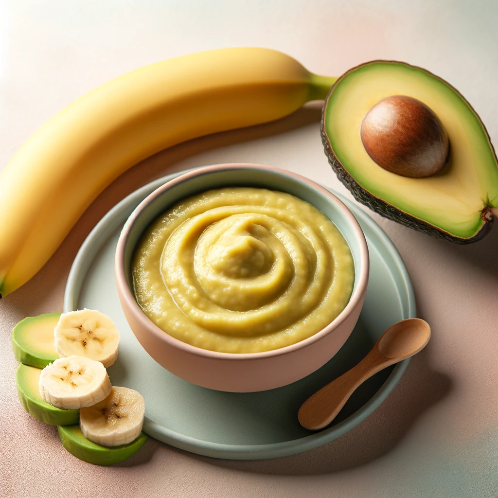 A-bowl-of-smooth-avocado-and-banana-puree-on-a-soft-pastel-background.-Next-to-the-bowl-slices-of-fresh-banana-and-a-halved-ripe-avocado