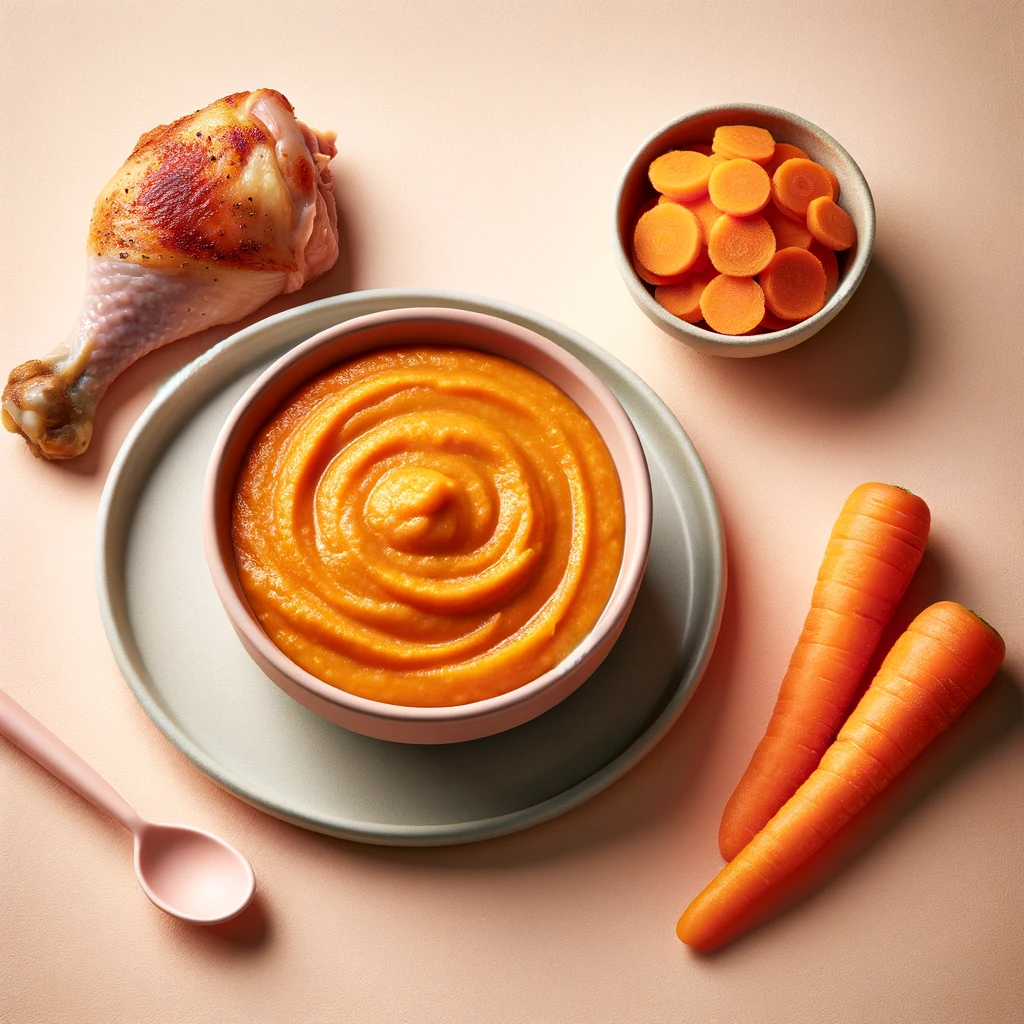 bowl of pureed chicken and carrot on a soft pastel background. Beside the bowl, a cooked chicken thigh and a few cooked, sliced carrots