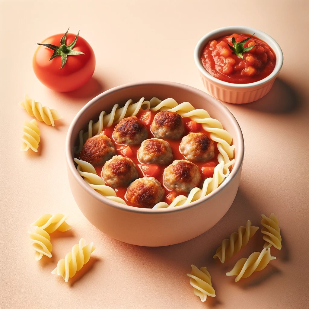 A-bowl-of-mini-meatballs-with-tomato-sauce-and-small-pasta-on-a-soft-pastel-background.-Beside-the-bowl-a-small-portion-of-cooked-mini-meatballs-pasta-and-a-full-tomatoe