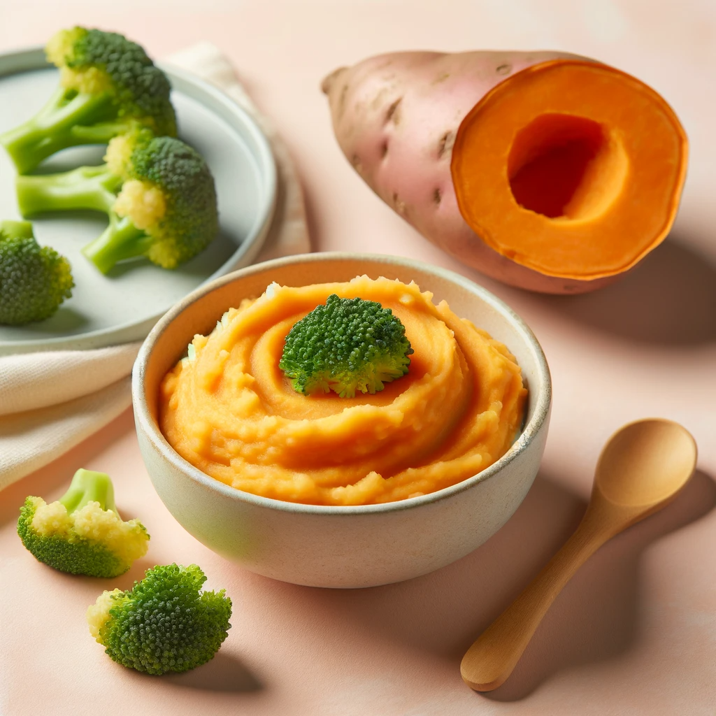 A-bowl-of-mashed-sweet-potato-with-small-pieces-of-steamed-broccoli-on-a-soft-pastel-background.-Next-to-the-bowl-a-cooked-sweet-potato-and-a-few-broccoli-pieces