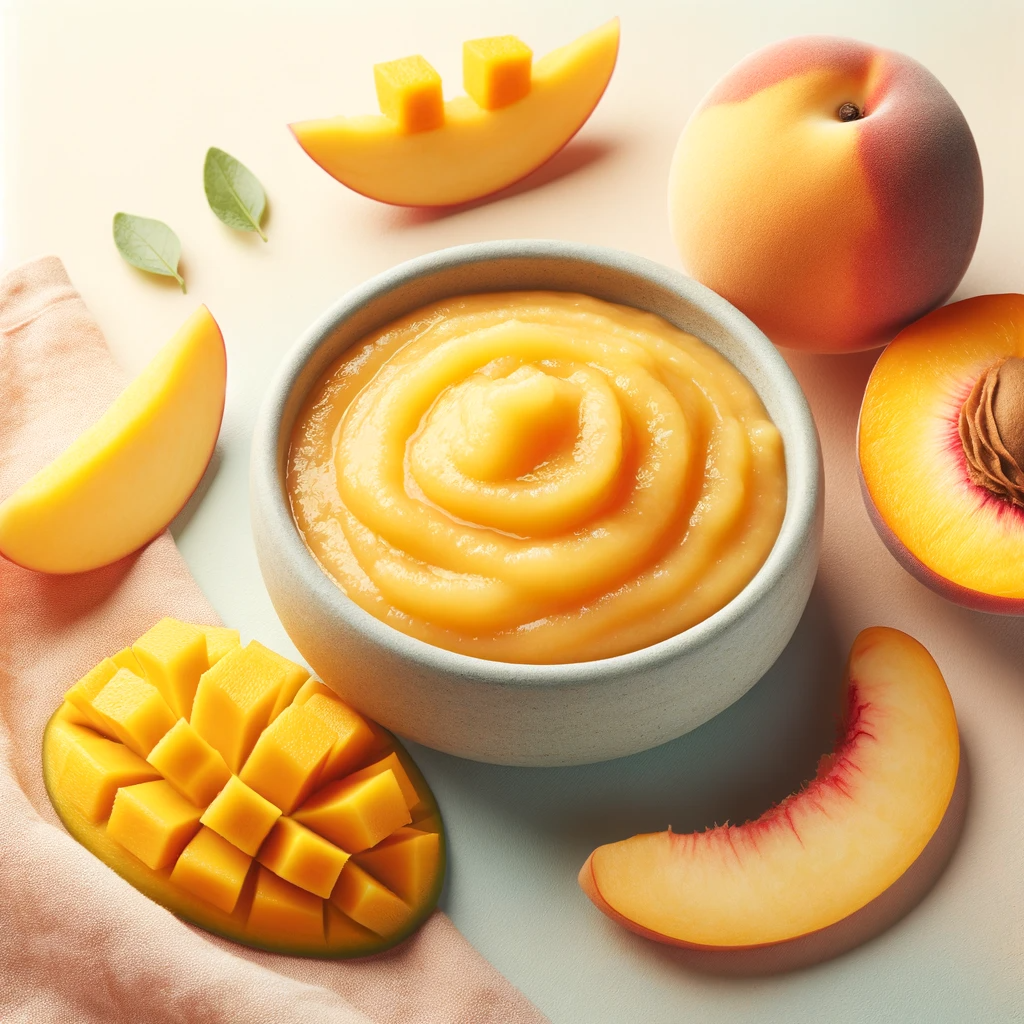 A bowl of pureed mango and peach on a soft pastel background. Next to the bowl, slices of fresh mango and a whole peach.