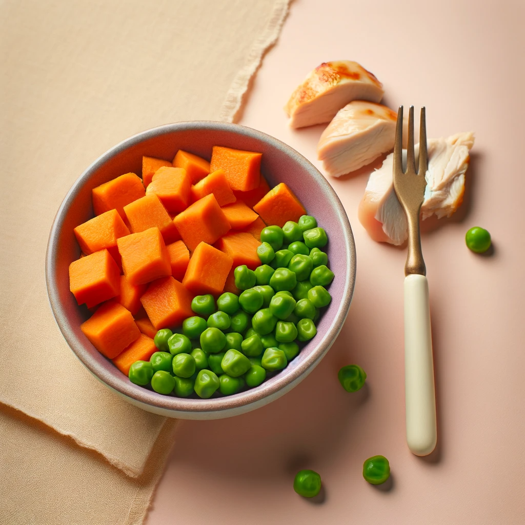 A-bowl-of-cooked-diced-sweet-potatoes-and-steamed-peas-on-a-soft-pastel-background.-Next-to-the-bowl-a-small-pile-of-cooked-diced-chicken-breast