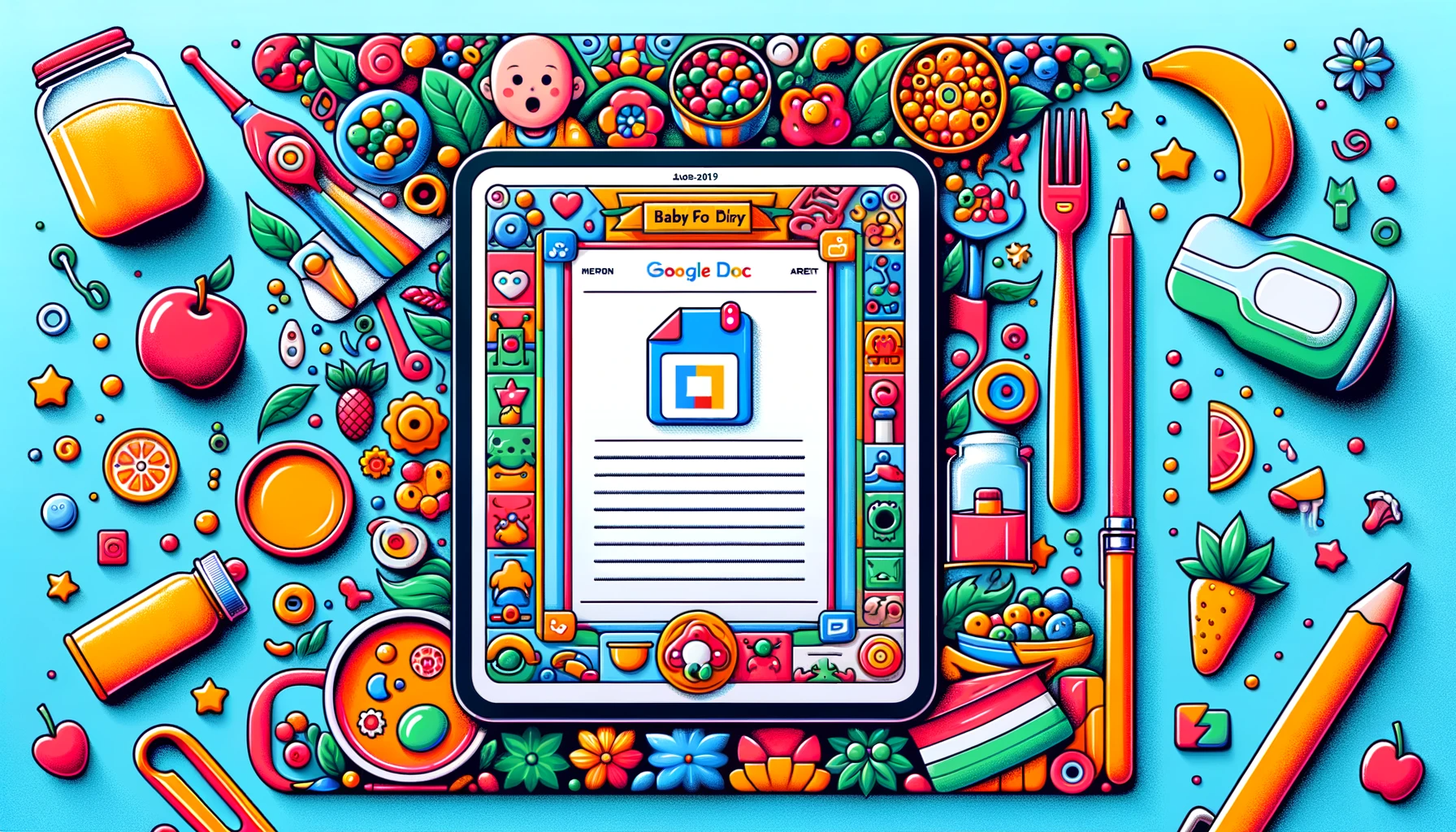 Colorful baby food diary and various purees displayed alongside a digital device with a Google Doc open, symbolizing parental engagement in a community-based baby food journey, set in a vibrant, inviting kitchen environment.