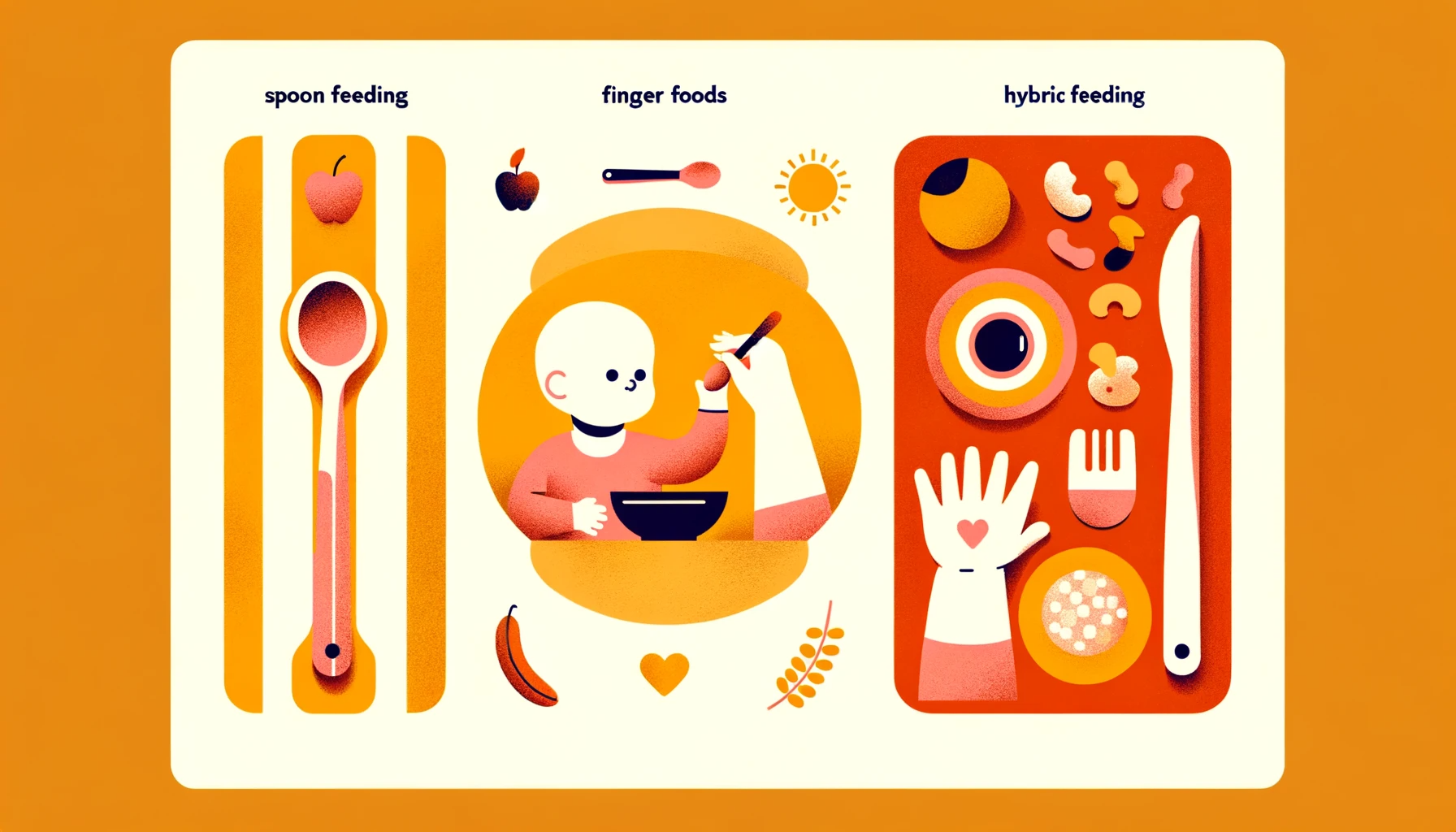 Image of the 3 options for feeding a baby - spoon, hand-fed or hybrid