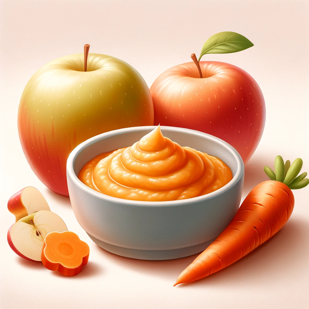 A-realistic-image-of-a-bowl-filled-with-slightly-thicker-apple-and-carrot-puree.-Next-to-the-bowl-there-are-fresh-apples-and-carrots